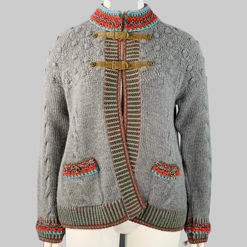 CHANEL Grey Multi Color Wool Cable Knit Bobble Leather Trim Jacket